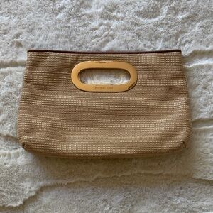 Michael Kors Beige Straw Clutch with Gold-Tone Cutout Handle